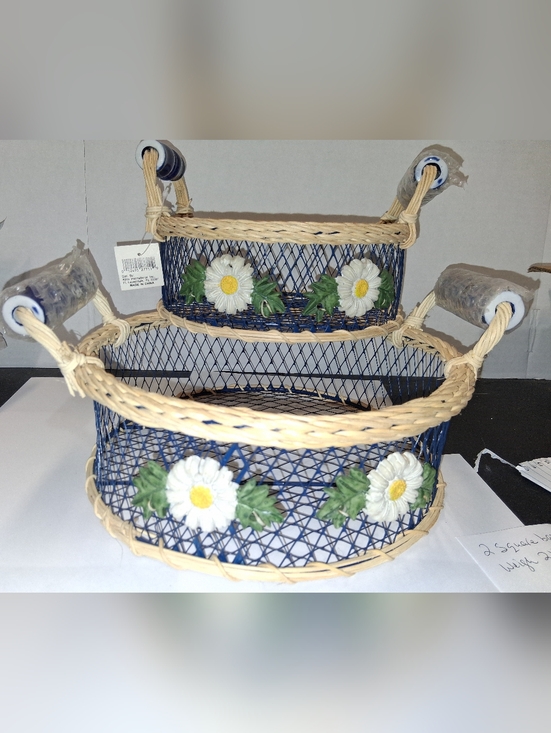 Mainly Baskets Other - Two Blue Wicker Baskets with Daisy Accents